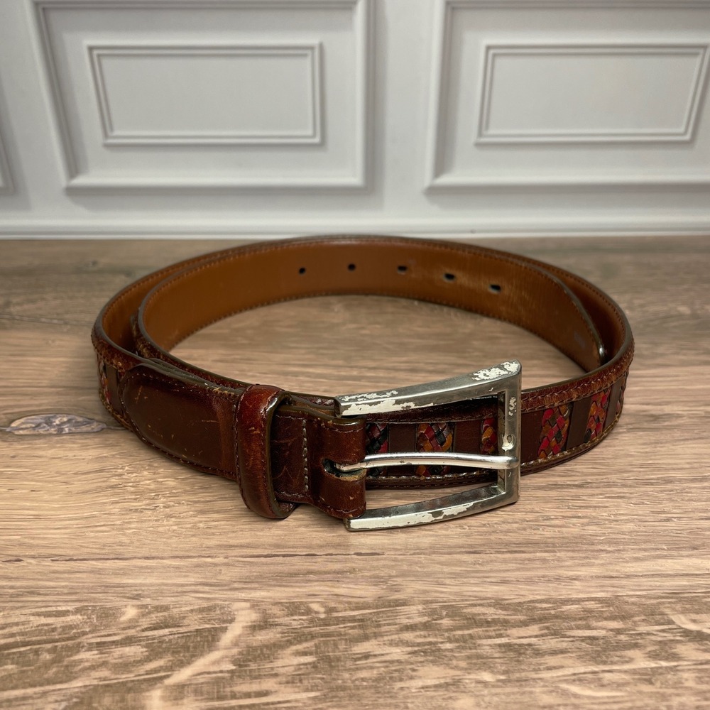Brighton Woven Leather Belt Womens 34 Brown Multi Color P6808 Braided Inlay‎